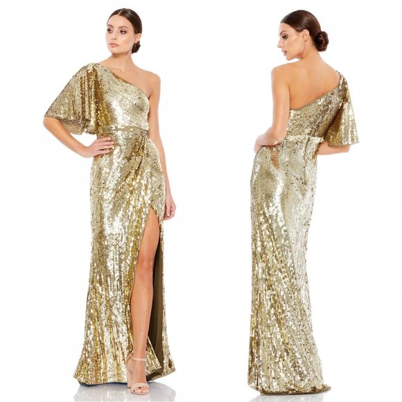 Mac Duggal Dresses & Skirts - Mac Duggal Embellished Gold Flutter Sleeve One Shoulder Trumpet Gown
